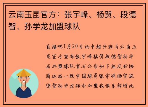 云南玉昆官方：张宇峰、杨贺、段德智、孙学龙加盟球队