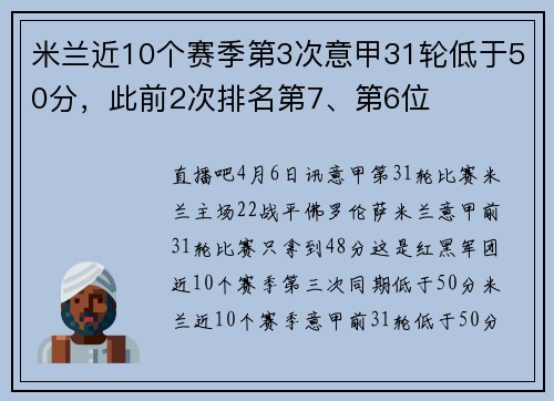 米兰近10个赛季第3次意甲31轮低于50分，此前2次排名第7、第6位